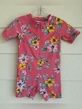 Old Navy Kids Short-Sleeve Floral Rash Guard Swimsuit, Pink Teal Yellow 12-18 M